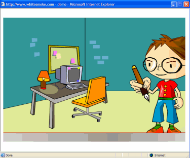 Screenshot from the demo, a creepy cartoon kid and a computer