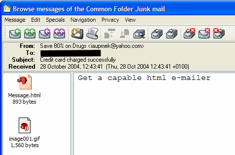 Screenshot of the spam e-mail, telling me to get a html capable e-mailer