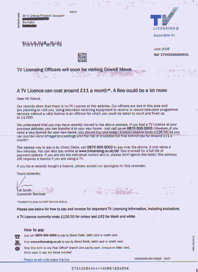 Scan of the latest letter from TV Licensing